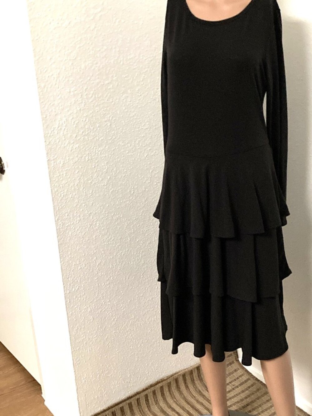LuLaRoe Women's L Black Solid Midi A-Line Dress Scoop Neck Long Sleeve Ruffles